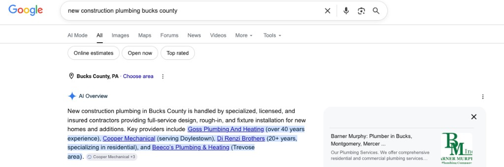 Screenshot of a Google search for 'new construction plumbing bucks county' showing Di Renzi Brothers cited by name inside the AI Overview answer alongside other established Bucks County plumbers, with the Di Renzi Brothers business panel also appearing in the right rail
