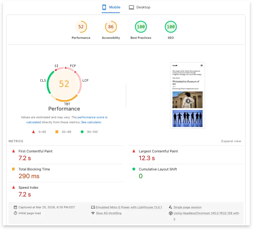 PageSpeed Insights of a Squarespace site